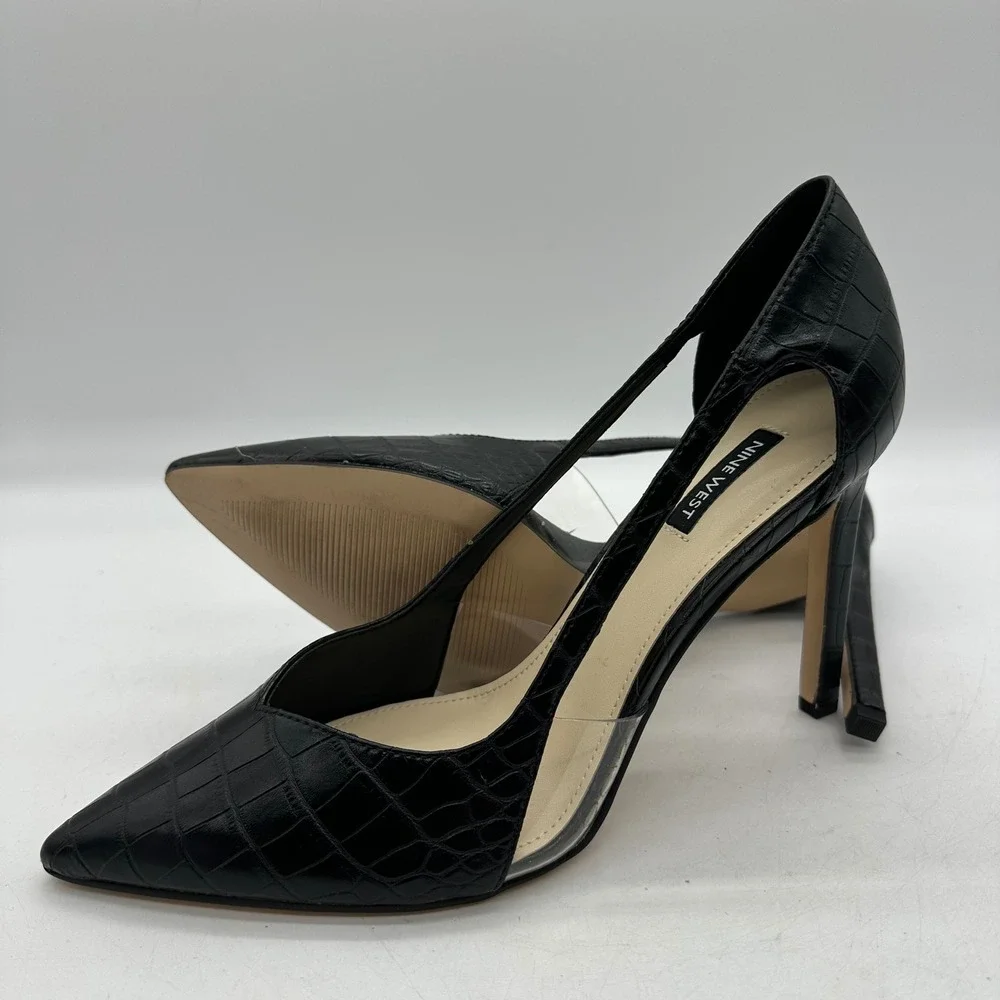 Nine West Womens 10.5 Trivs3 Black‎ Croc Pointed Toe Clear Panel Stiletto Pumps